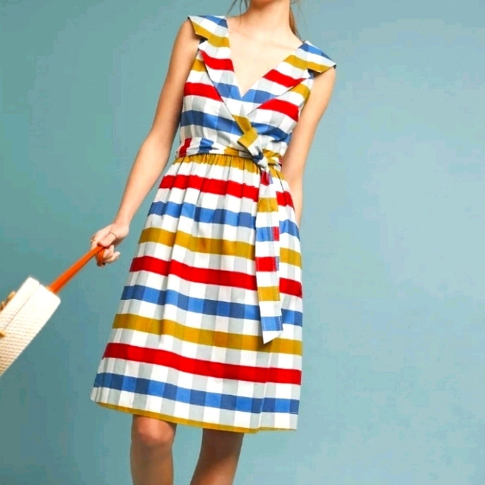 Anthropologie Maeve red blue Plaid Midi dress